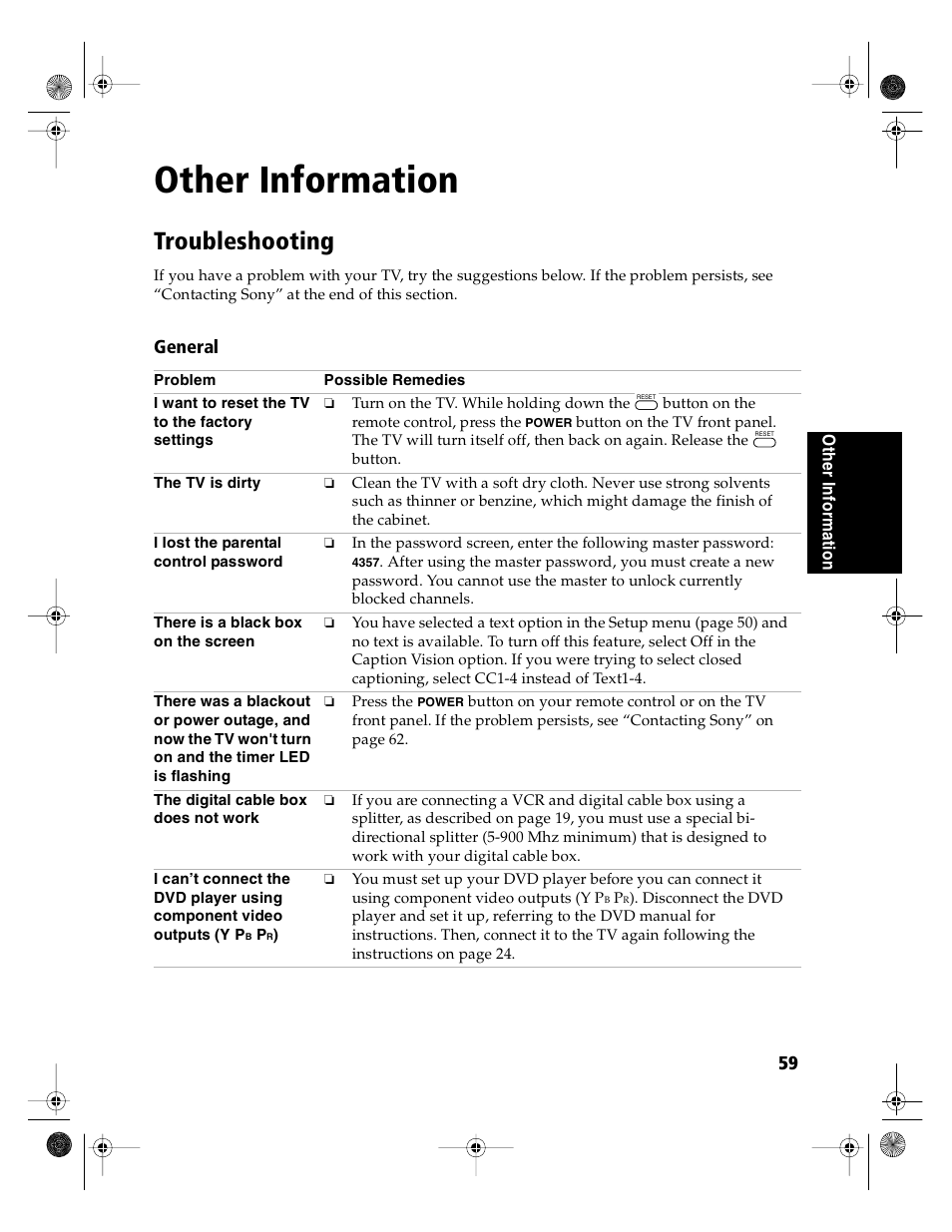 Other information, Troubleshooting | Sony KD-36FS130 User Manual | Page 61 / 70