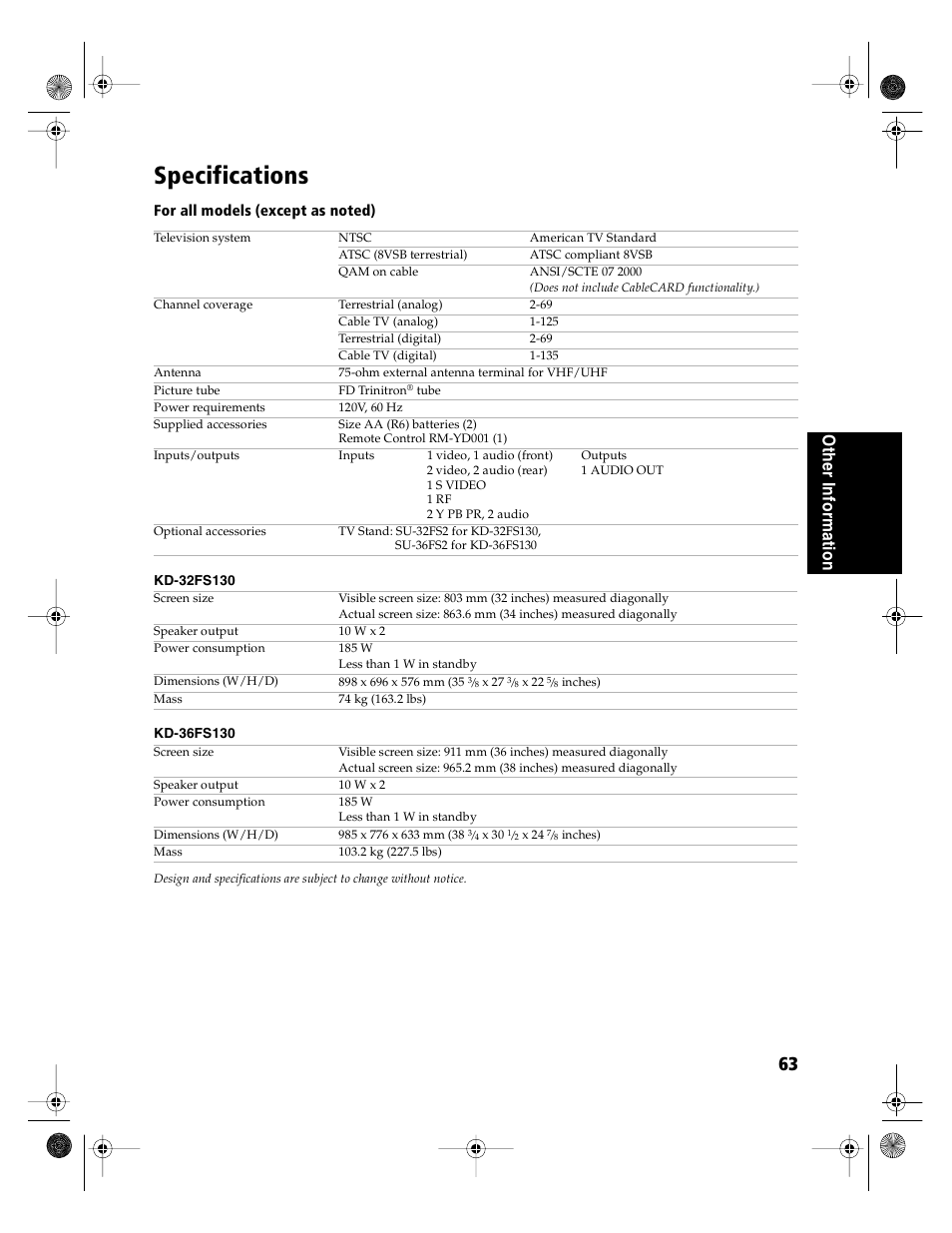 Specifications | Sony KD-36FS130 User Manual | Page 65 / 70