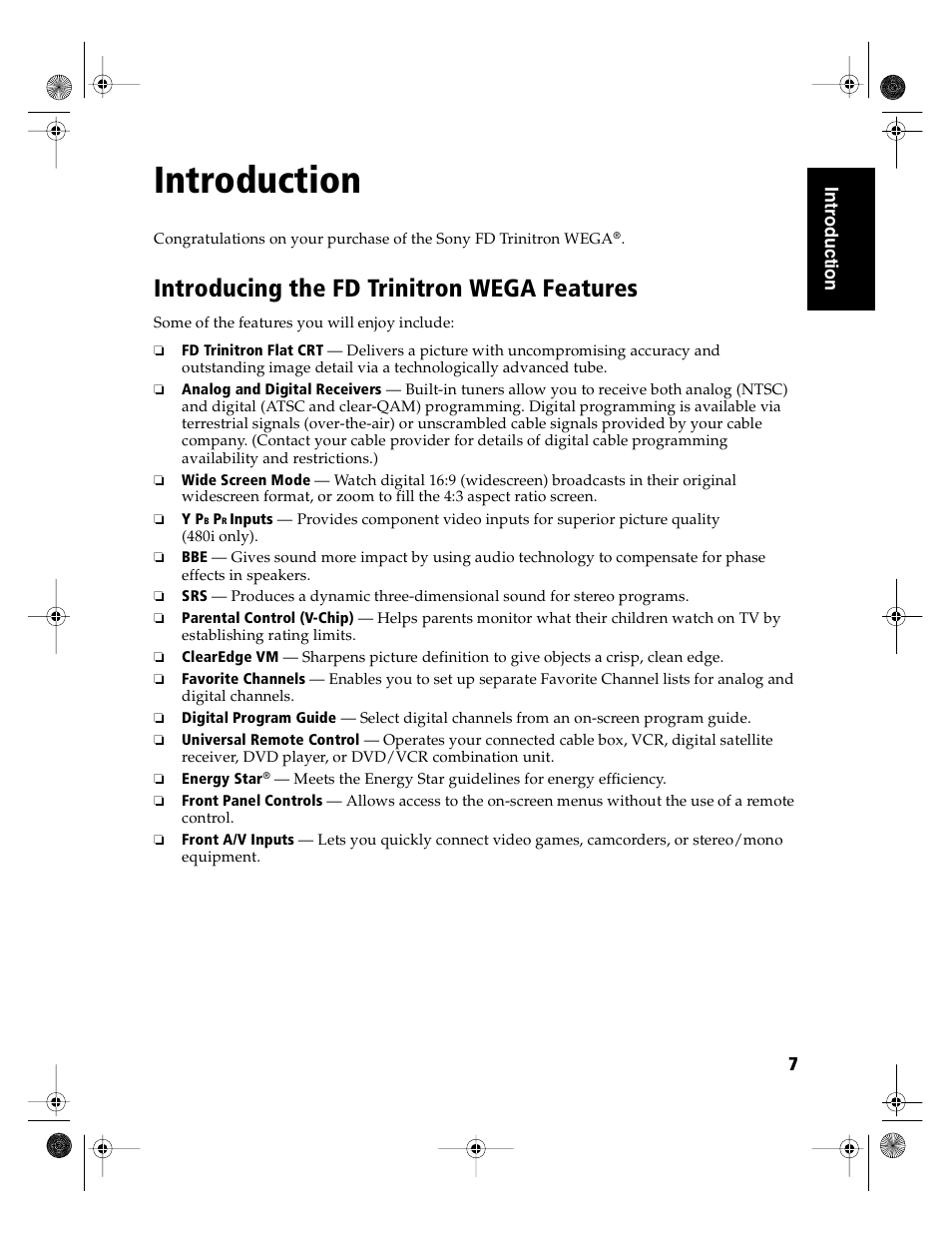Introduction, Introducing the fd trinitron wega features | Sony KD-36FS130 User Manual | Page 9 / 70