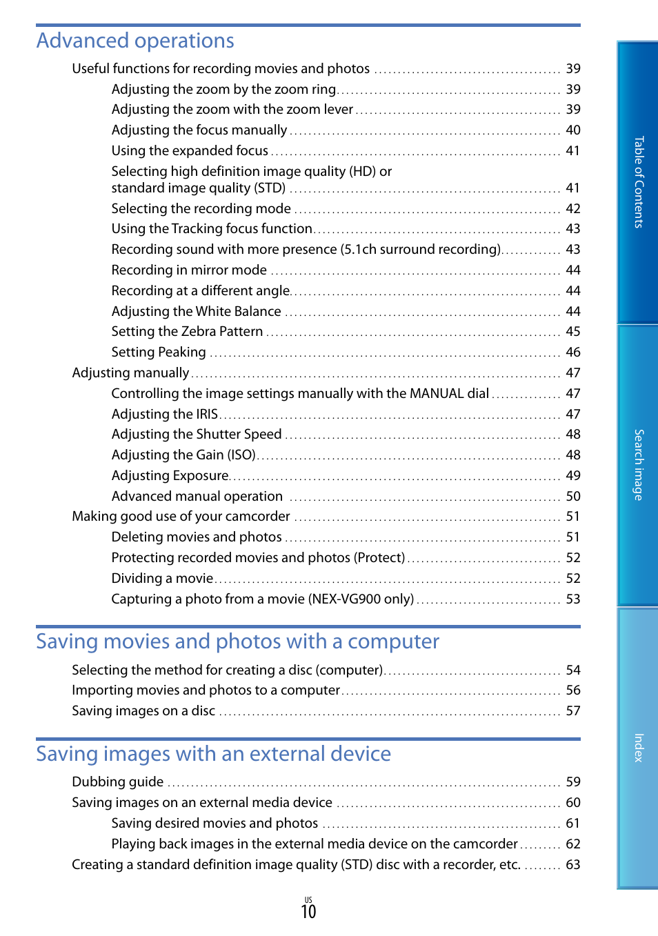 Advanced operations, Saving movies and photos with a computer, Saving images with an external device | Sony NEX-VG900 User Manual | Page 10 / 116