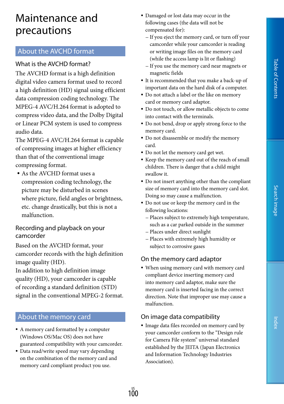 Maintenance and precautions, About the avchd format, About the memory card | About the avchd format about the memory card | Sony NEX-VG900 User Manual | Page 100 / 116