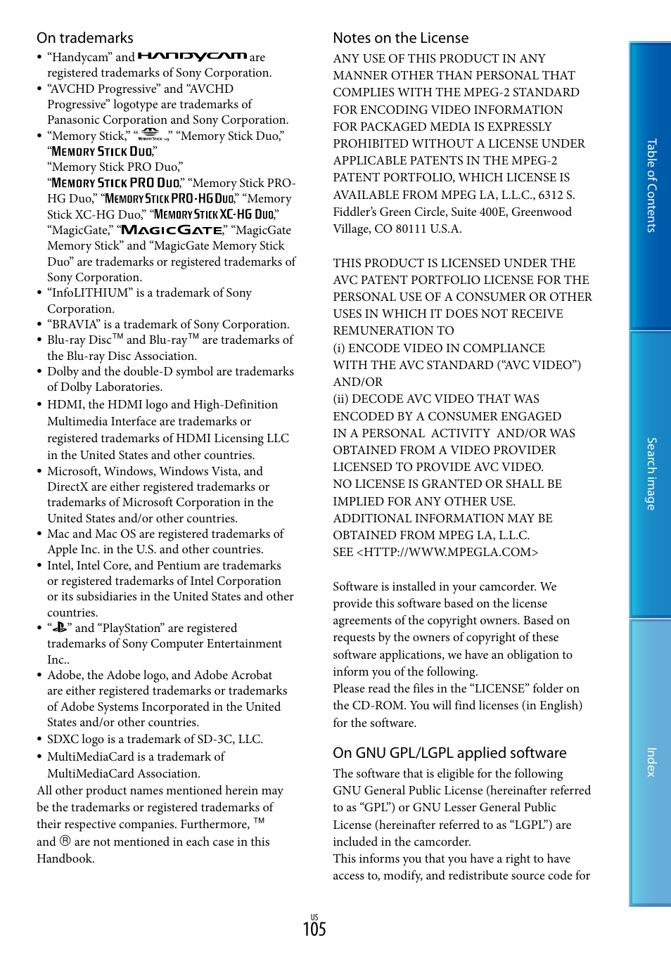 On trademarks, On gnu gpl/lgpl applied software | Sony NEX-VG900 User Manual | Page 105 / 116
