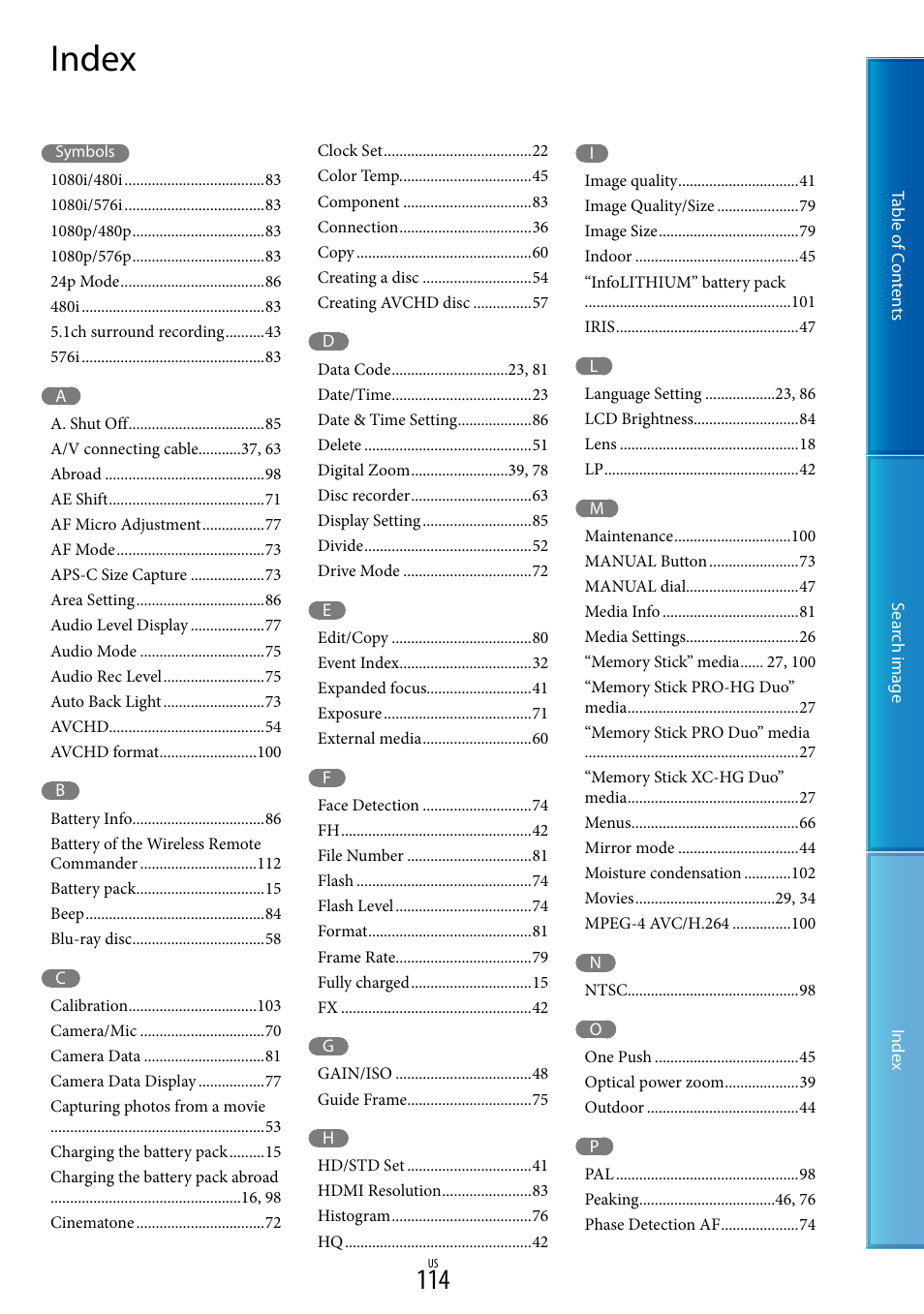 Index | Sony NEX-VG900 User Manual | Page 114 / 116