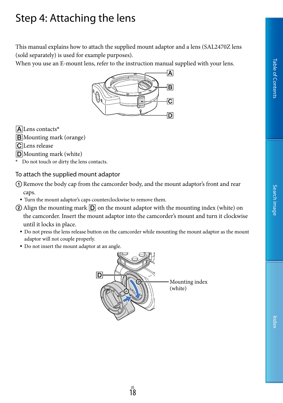 Step 4: attaching the lens | Sony NEX-VG900 User Manual | Page 18 / 116