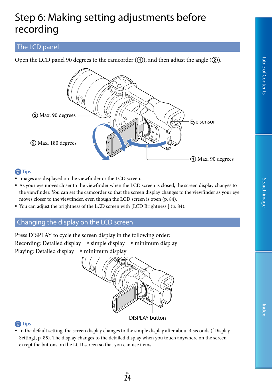 The lcd panel, Changing the display on the lcd screen | Sony NEX-VG900 User Manual | Page 24 / 116