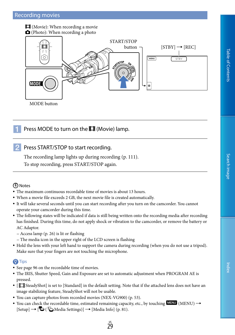 Recording movies, Press mode to turn on the (movie) lamp, Press start/stop to start recording | Sony NEX-VG900 User Manual | Page 29 / 116