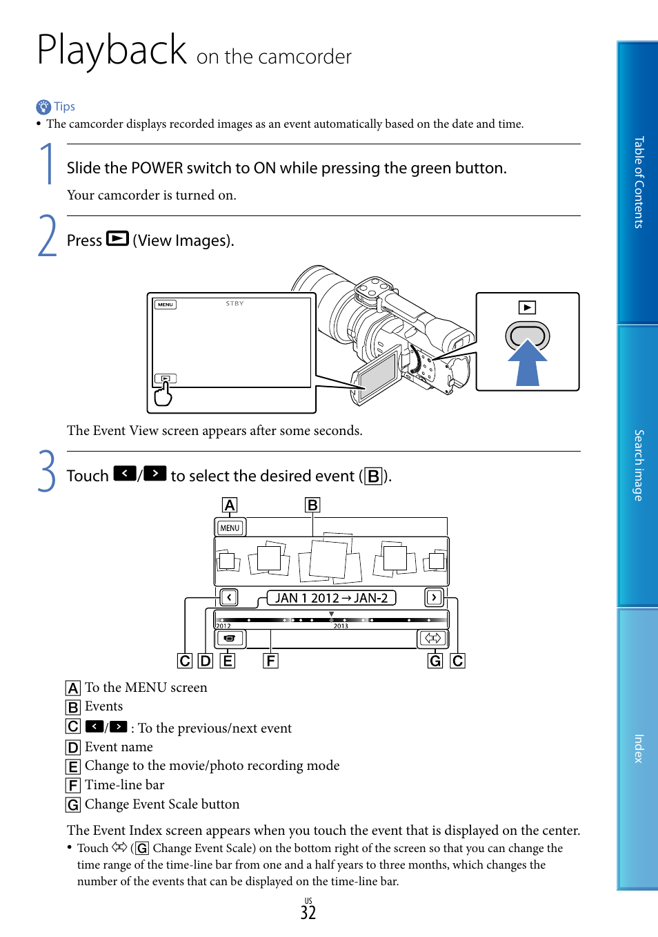 Playback on the camcorder, Playback, On.the.camcorder | Sony NEX-VG900 User Manual | Page 32 / 116