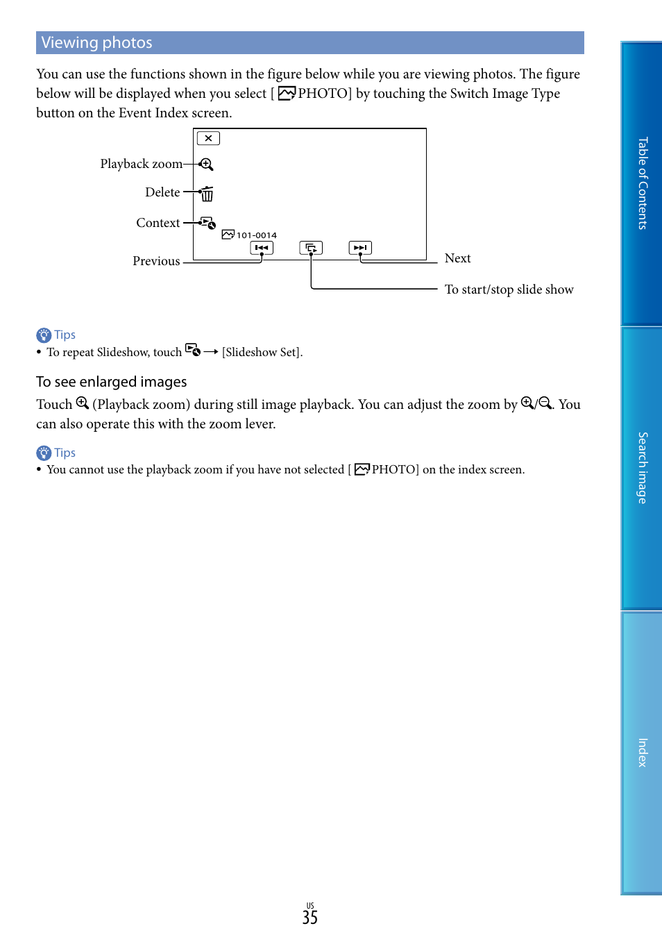 Viewing photos | Sony NEX-VG900 User Manual | Page 35 / 116