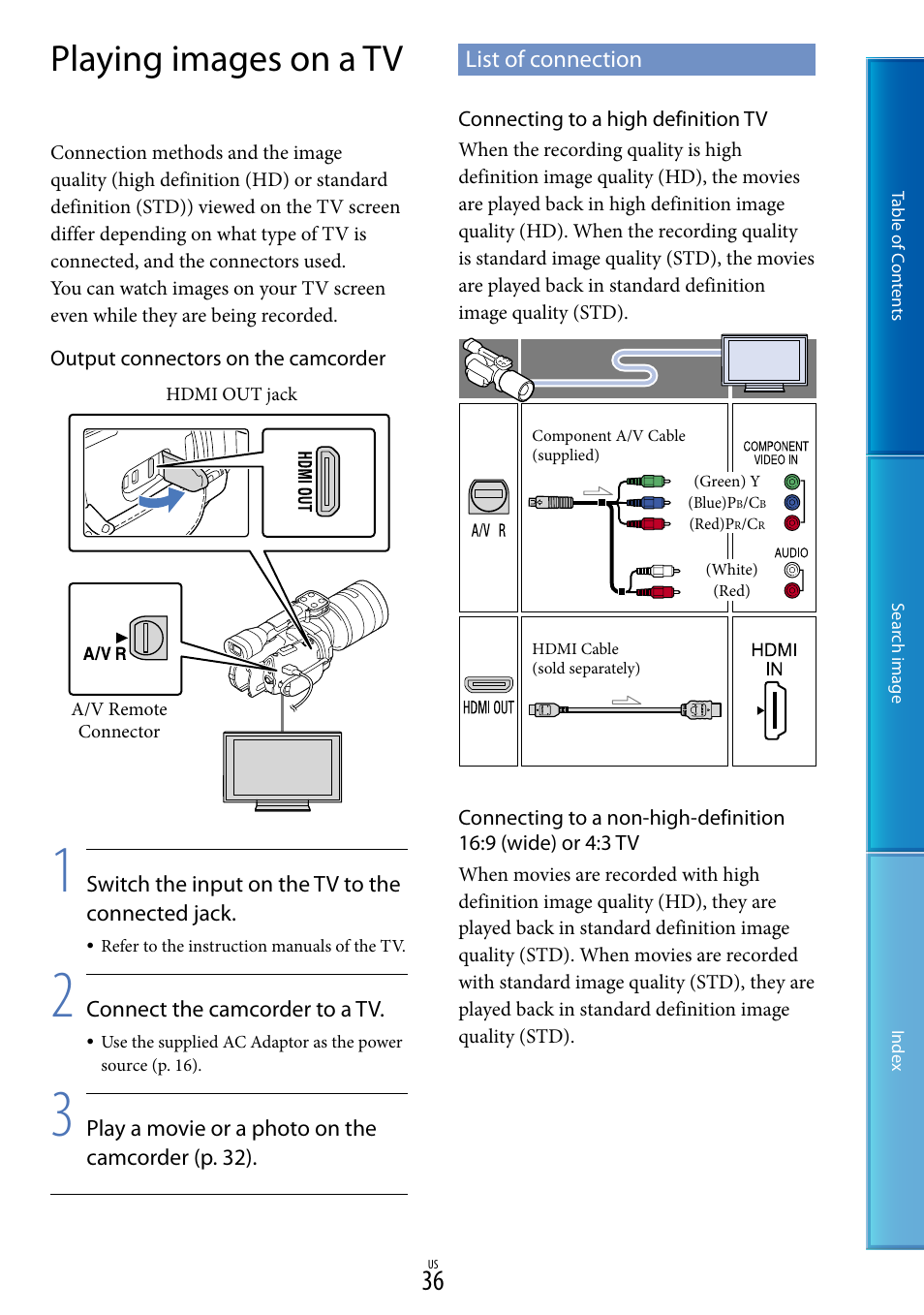 Playing images on a tv, List of connection | Sony NEX-VG900 User Manual | Page 36 / 116
