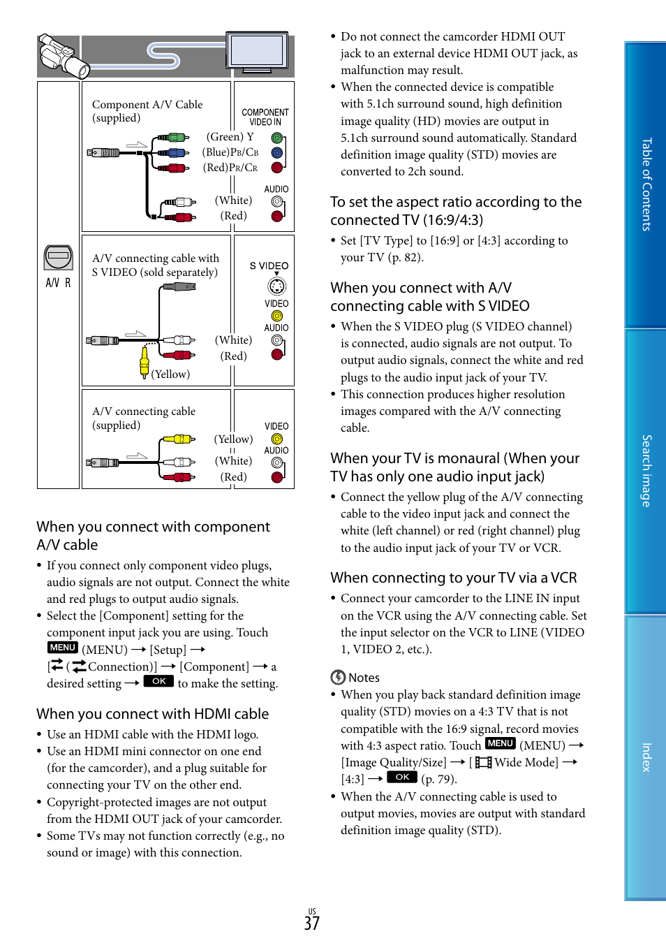 When you connect with component a/v cable, When you connect with hdmi cable, When connecting to your tv via a vcr | Sony NEX-VG900 User Manual | Page 37 / 116