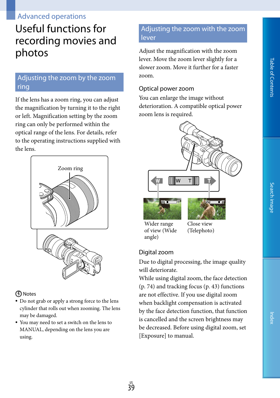 Advanced operations, Useful functions for recording movies and photos, Adjusting the zoom by the zoom ring | Adjusting the zoom with the zoom lever | Sony NEX-VG900 User Manual | Page 39 / 116