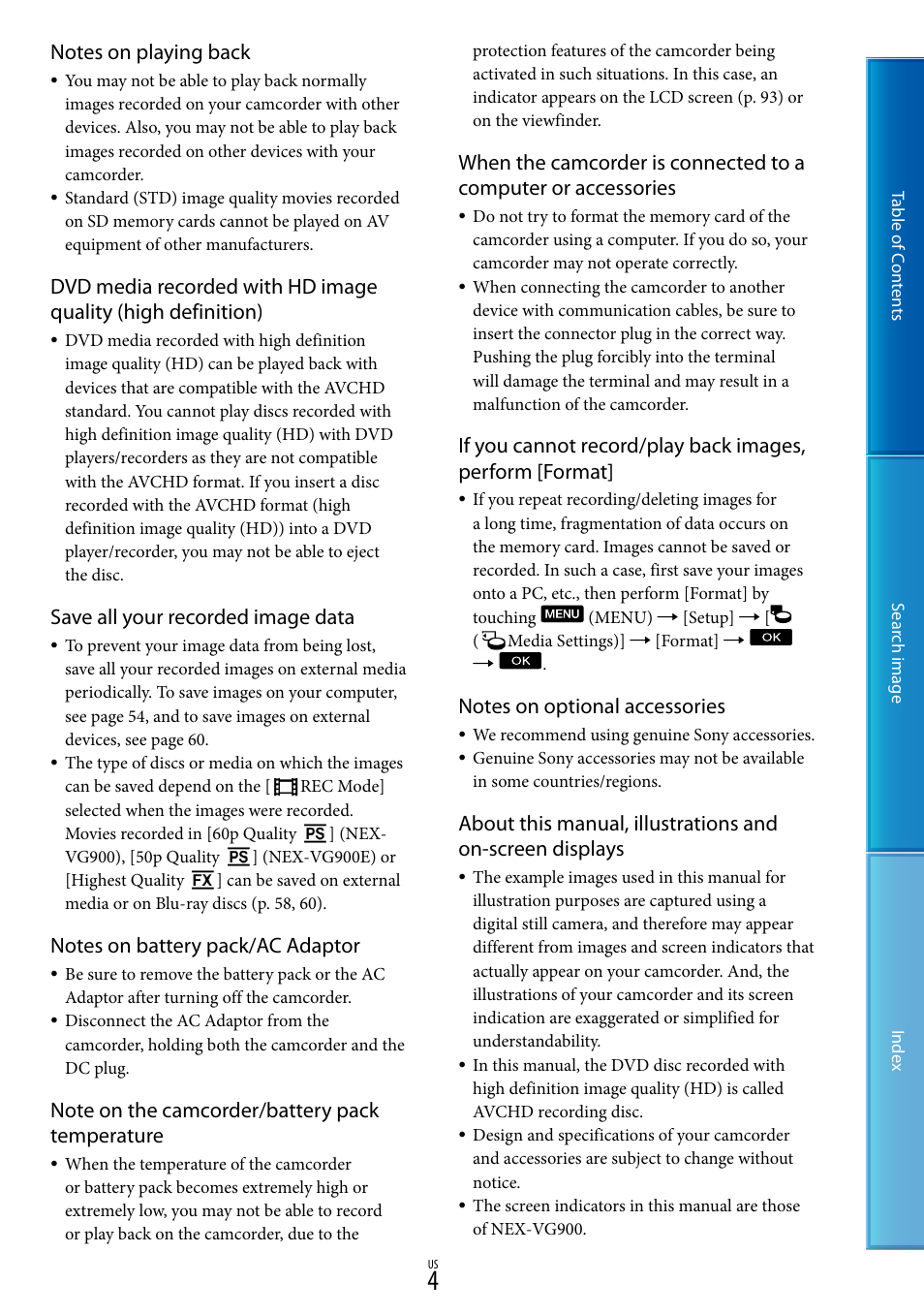 Save all your recorded image data | Sony NEX-VG900 User Manual | Page 4 / 116