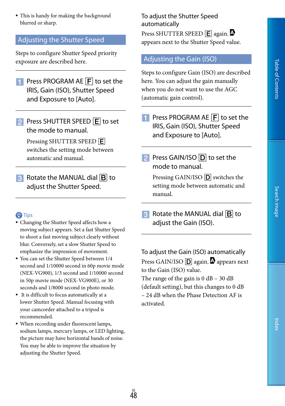Adjusting the shutter speed, Adjusting the gain (iso) | Sony NEX-VG900 User Manual | Page 48 / 116