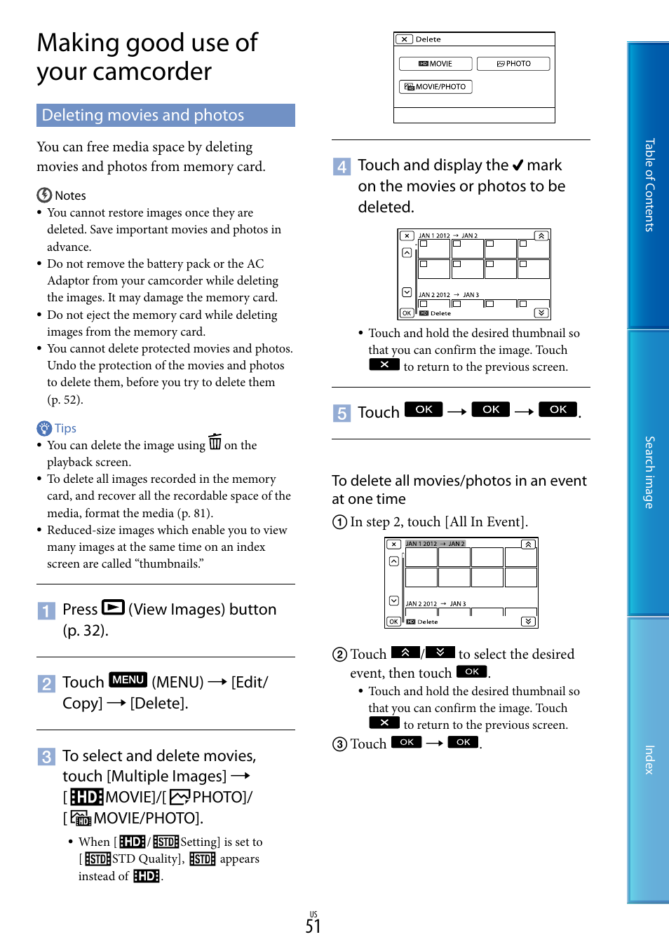 Making good use of your camcorder, Deleting movies and photos | Sony NEX-VG900 User Manual | Page 51 / 116