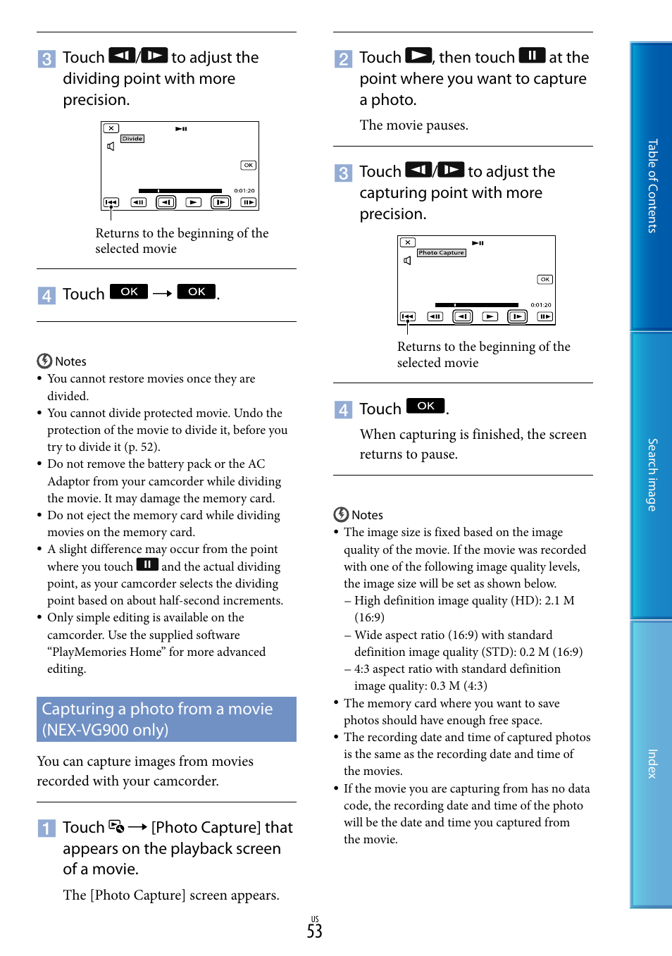 Capturing a photo from a movie (nex-vg900 only) | Sony NEX-VG900 User Manual | Page 53 / 116