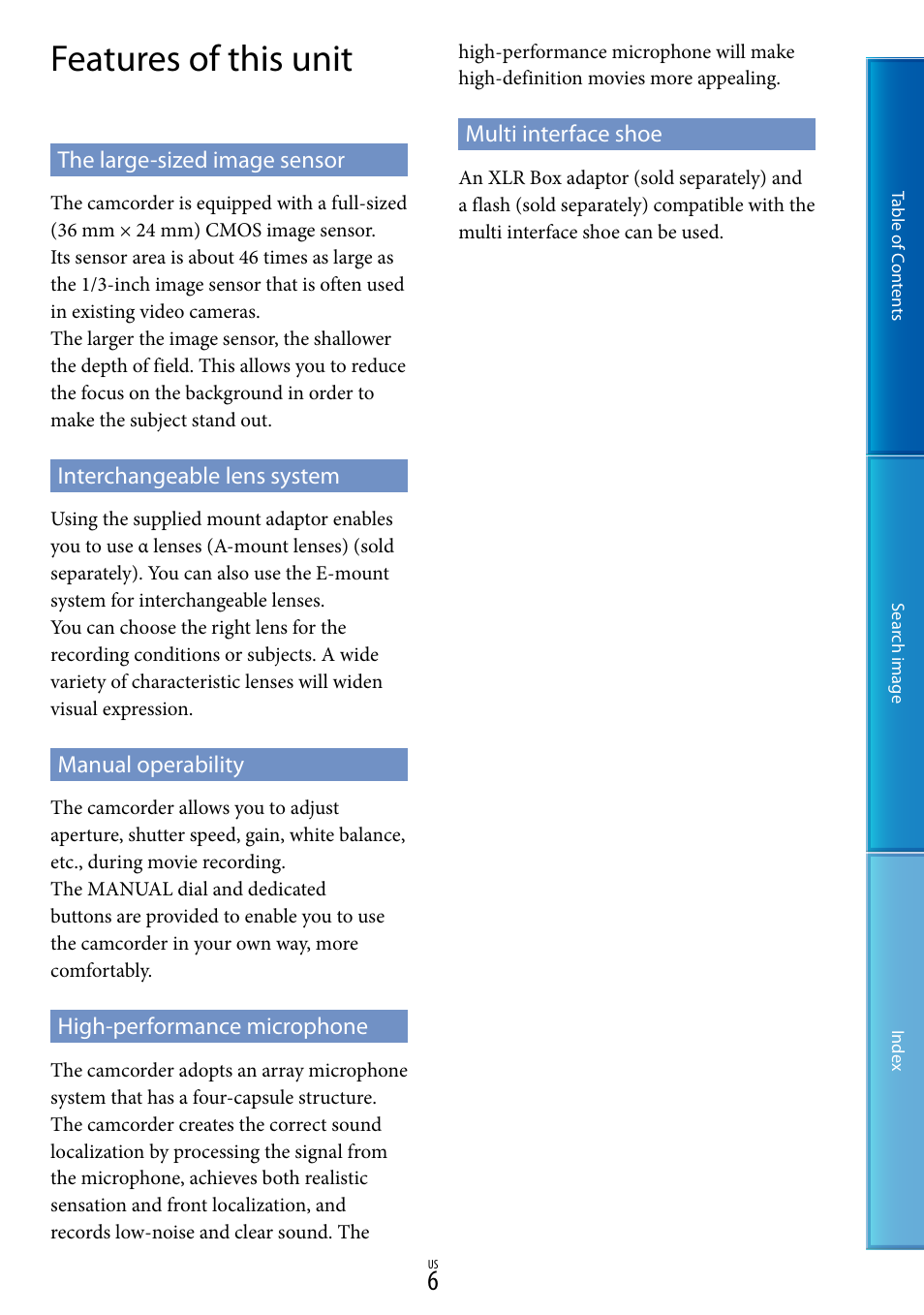 Features of this unit | Sony NEX-VG900 User Manual | Page 6 / 116