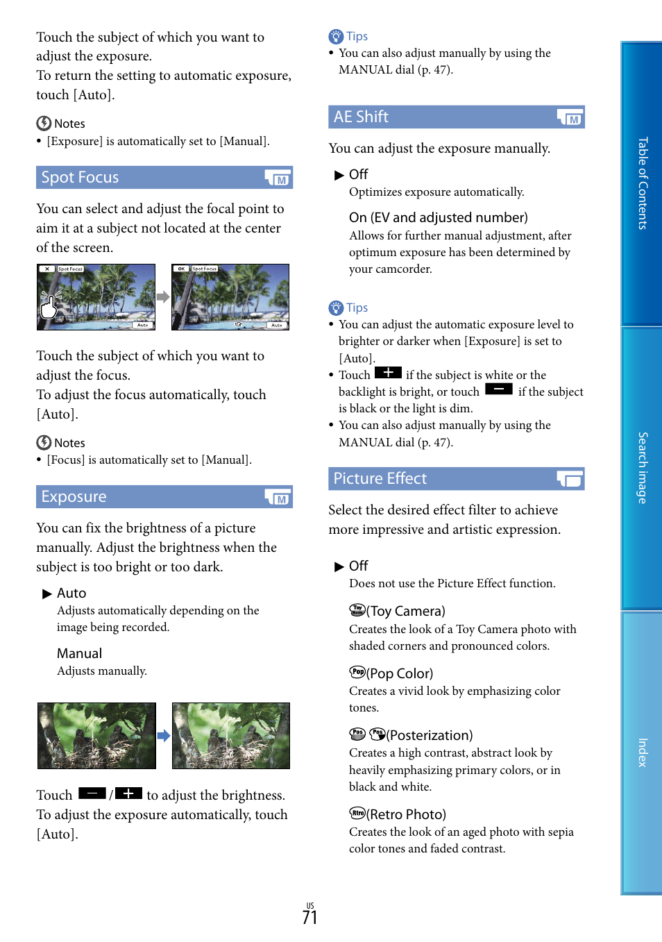 N (71), 71) a, Spot focus | Exposure, Ae shift, Picture effect | Sony NEX-VG900 User Manual | Page 71 / 116