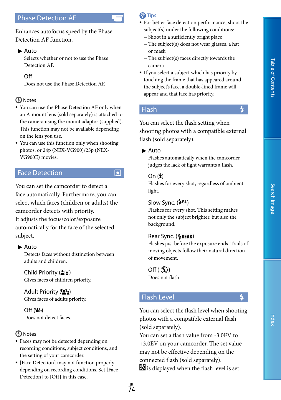 Phase detection af, Face detection, Flash | Flash level | Sony NEX-VG900 User Manual | Page 74 / 116