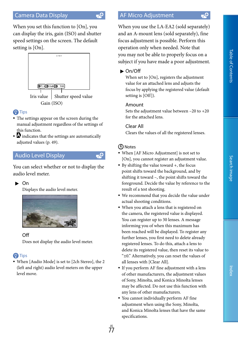 Camera data display, Audio level display, Af micro adjustment | Sony NEX-VG900 User Manual | Page 77 / 116