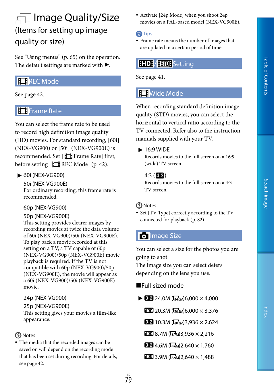 E (79), Image quality/size, Items for setting up image quality or size) | Rec mode, Frame rate, Setting, Wide mode, Image size | Sony NEX-VG900 User Manual | Page 79 / 116