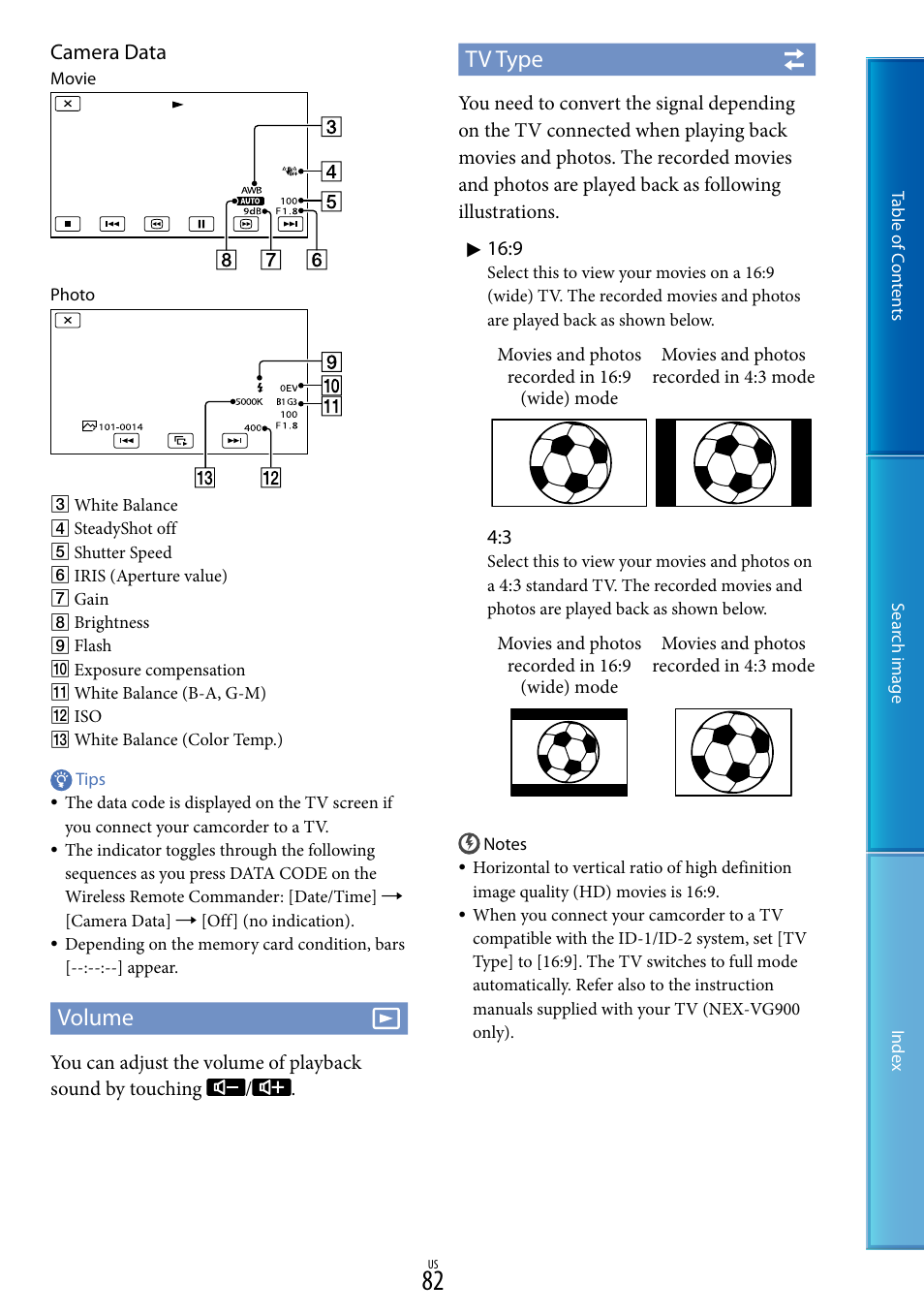 Volume, Tv type, Camera data | Sony NEX-VG900 User Manual | Page 82 / 116