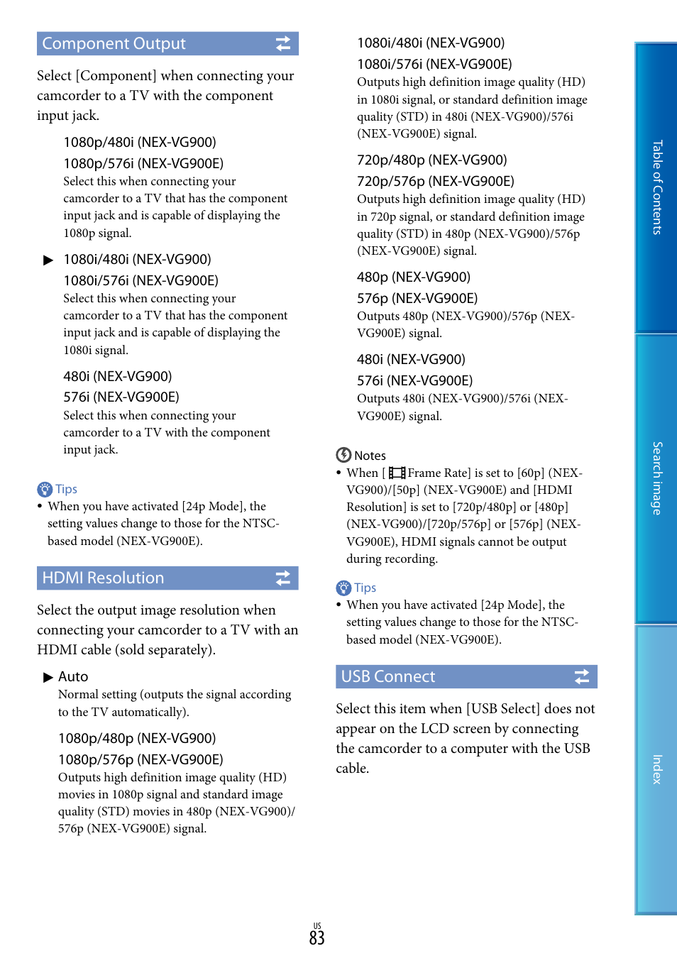Component output, Hdmi resolution, Usb connect | Sony NEX-VG900 User Manual | Page 83 / 116
