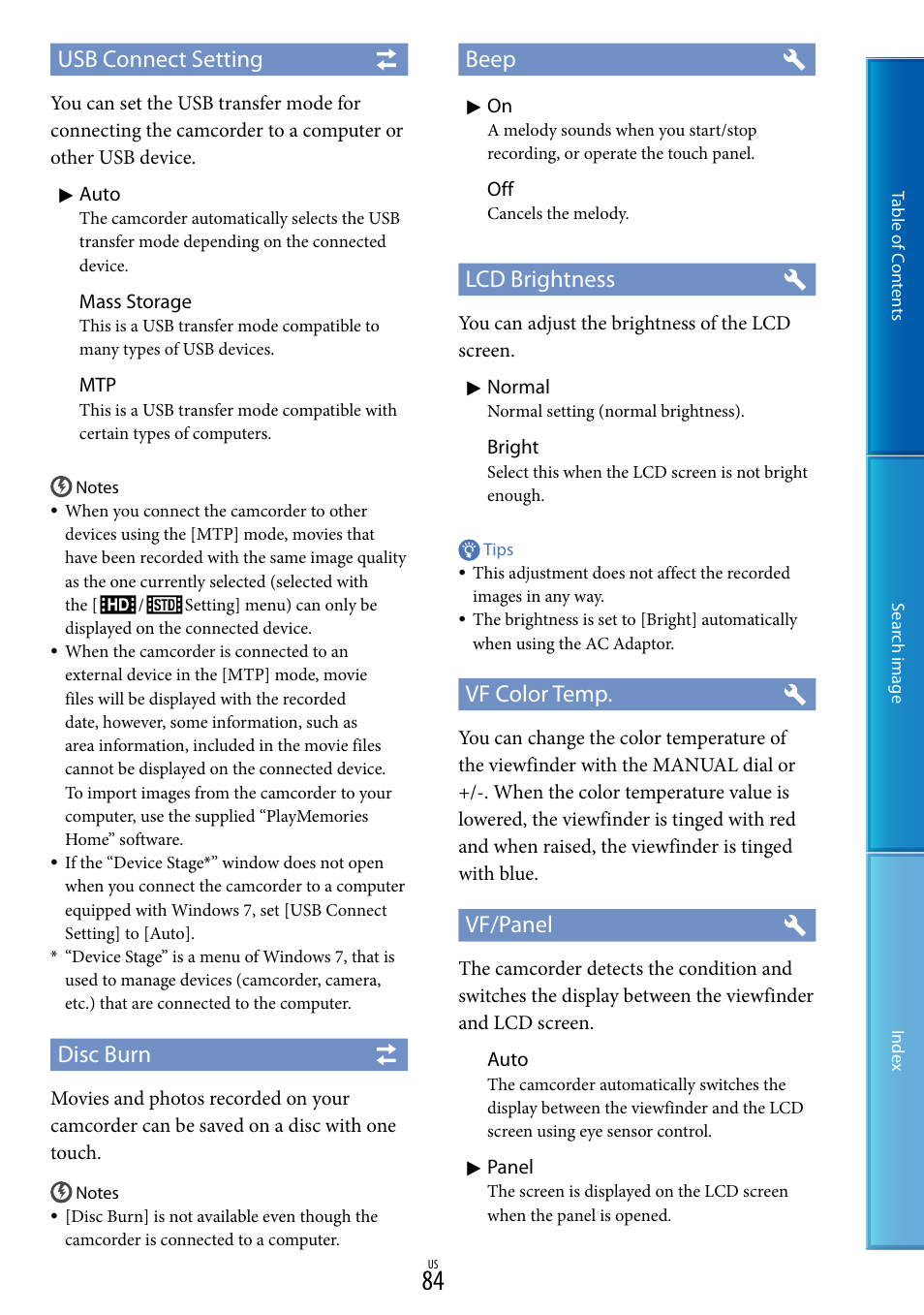 Usb connect setting, Disc burn, Beep | Lcd brightness, Vf color temp, Vf/panel | Sony NEX-VG900 User Manual | Page 84 / 116