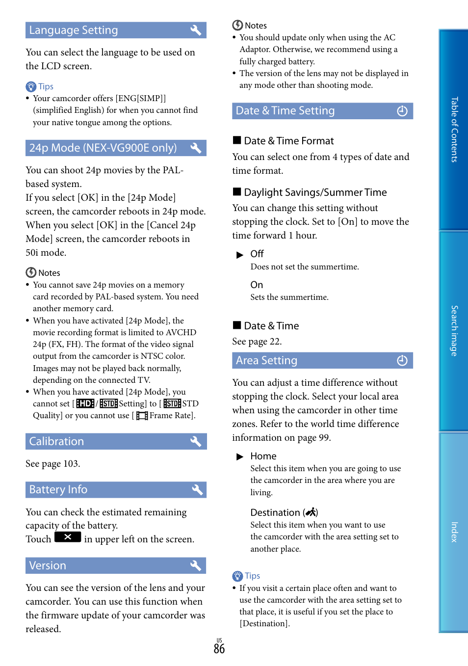 Language setting, Calibration, Battery info | Version, Date & time setting, Area setting | Sony NEX-VG900 User Manual | Page 86 / 116