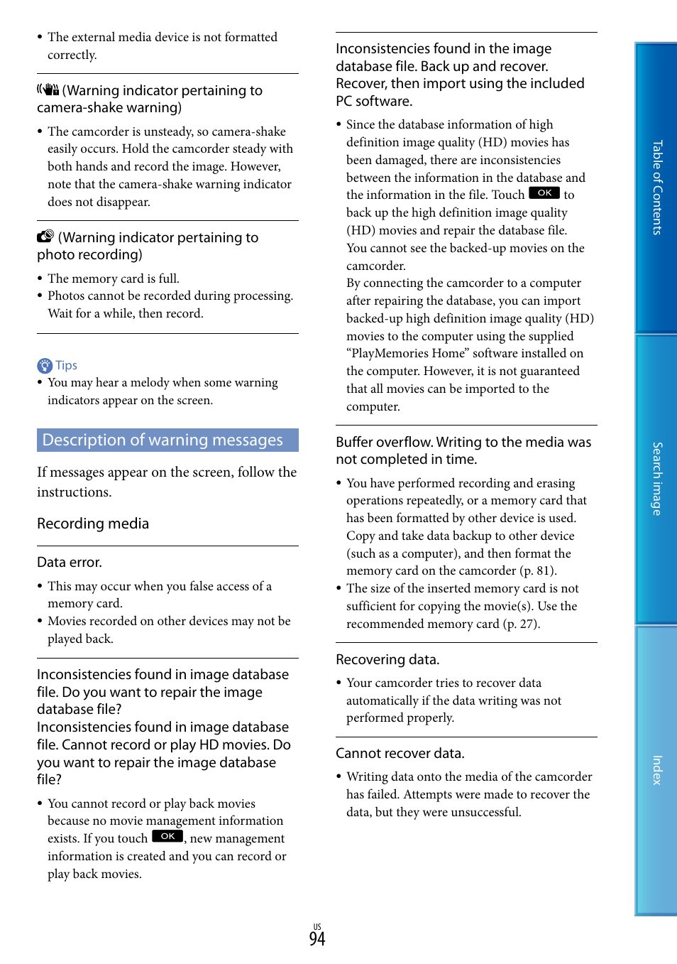 Description of warning messages, Recording media | Sony NEX-VG900 User Manual | Page 94 / 116