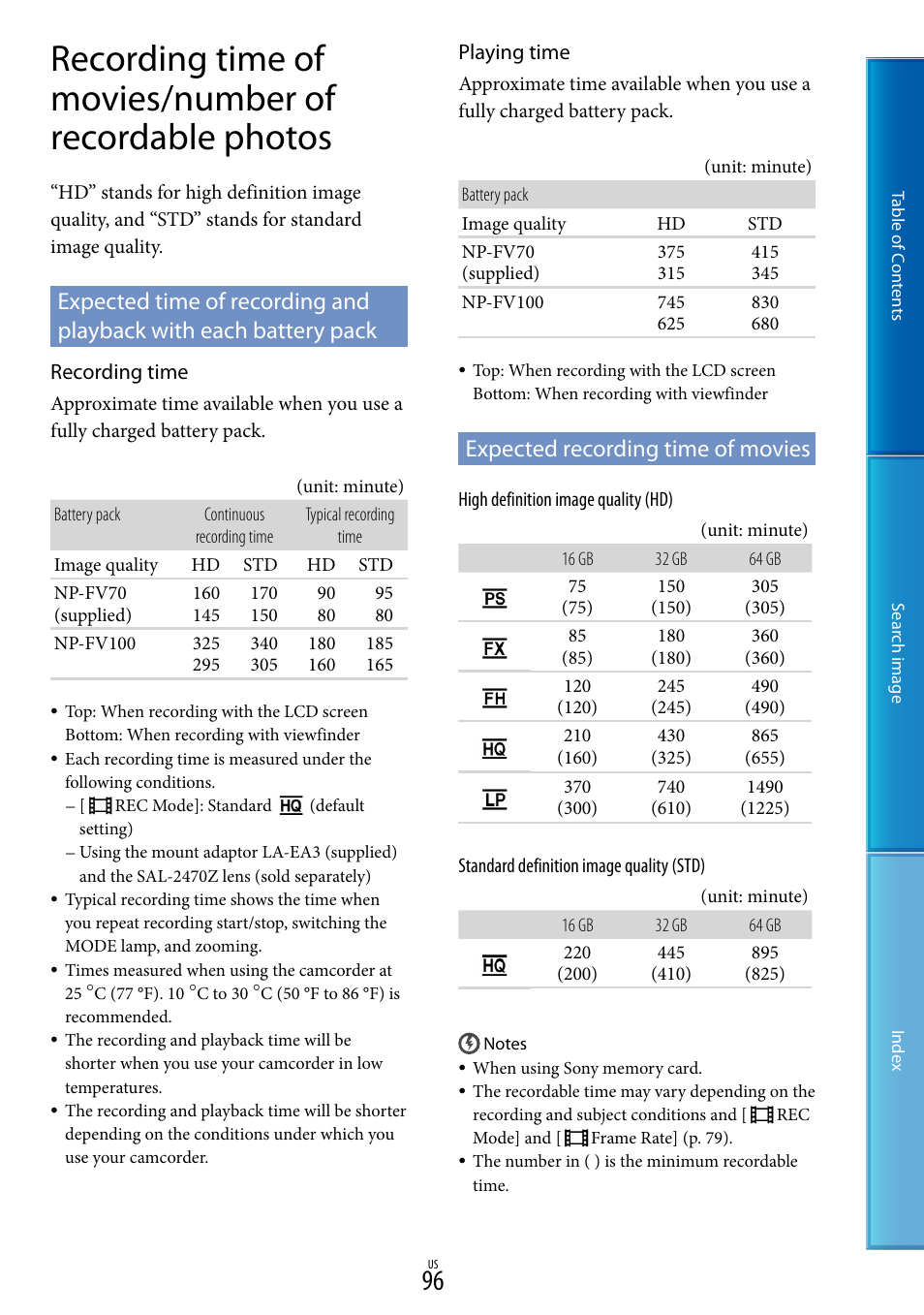 Expected recording time of movies, E 96 o | Sony NEX-VG900 User Manual | Page 96 / 116