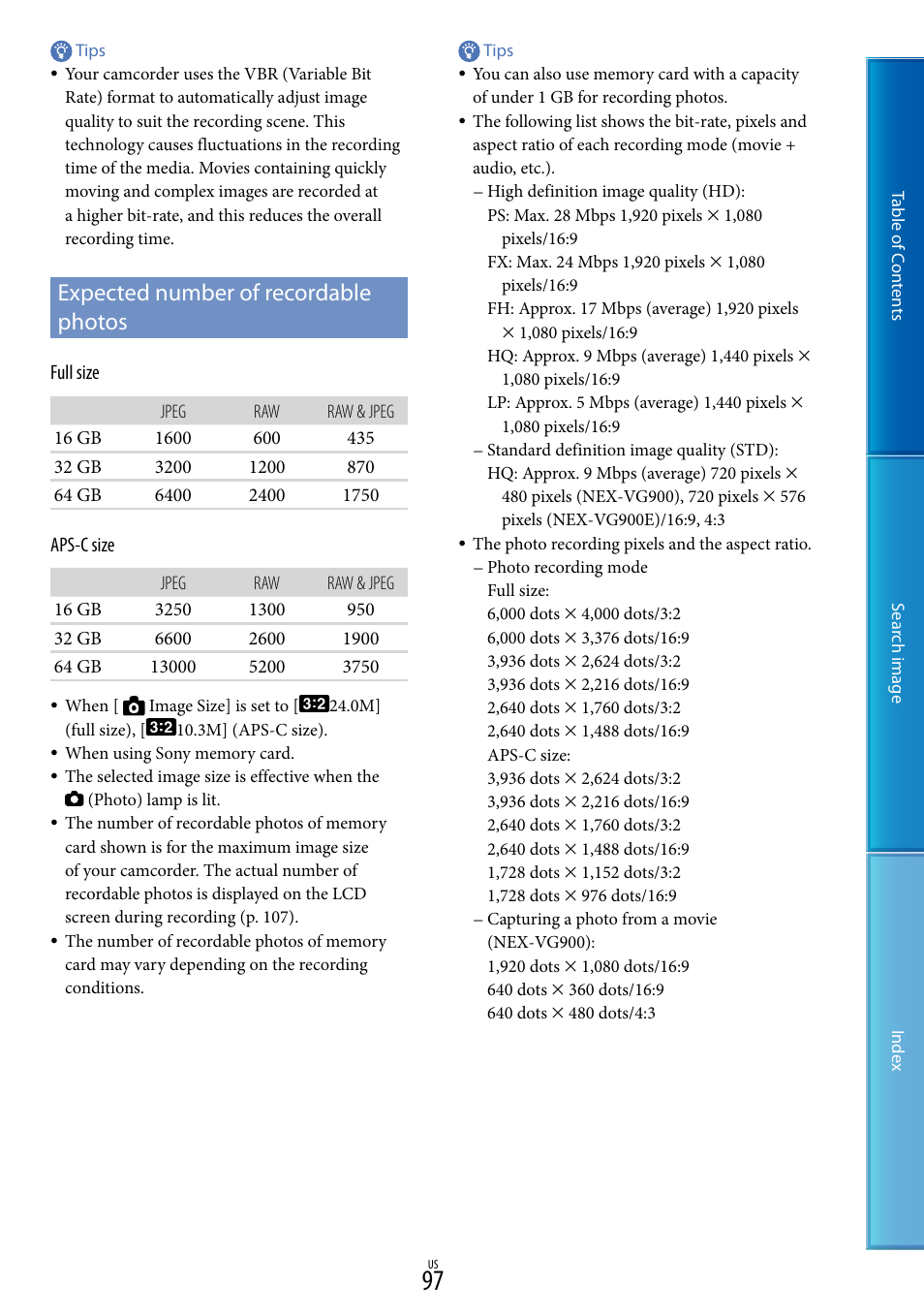 Expected number of recordable photos, E 97 o | Sony NEX-VG900 User Manual | Page 97 / 116