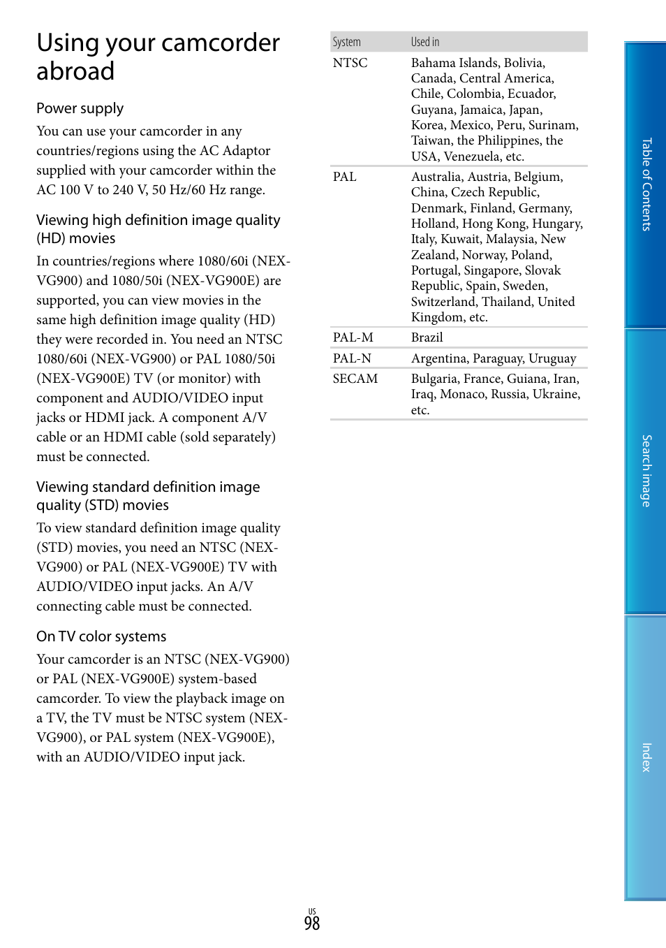 Using your camcorder abroad | Sony NEX-VG900 User Manual | Page 98 / 116