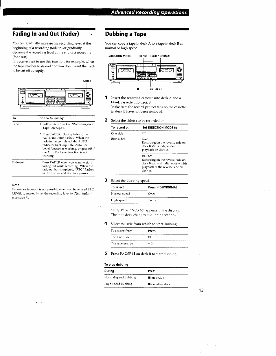 Fading in and out (fader), Do the following, Note | Dubbing a tape, Advanced recording operations | Sony TC-WR550Z User Manual | Page 13 / 23