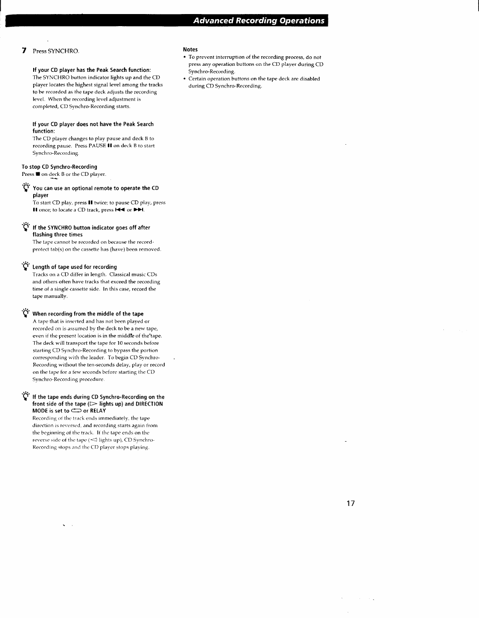 Advanced recording operations | Sony TC-WR550Z User Manual | Page 17 / 23