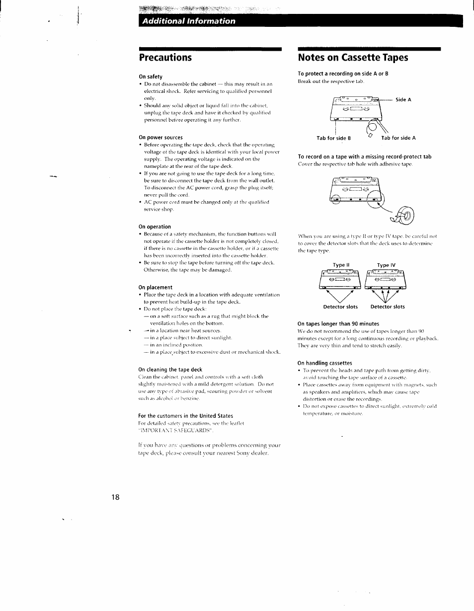 Precautions, On safety, On power sources | On operation, On placement, On cleaning the tape deck, For the customers in the united states, Notes on cassette tapes, To protect a recording on side a or b, On tapes longer than 90 minutes | Sony TC-WR550Z User Manual | Page 18 / 23