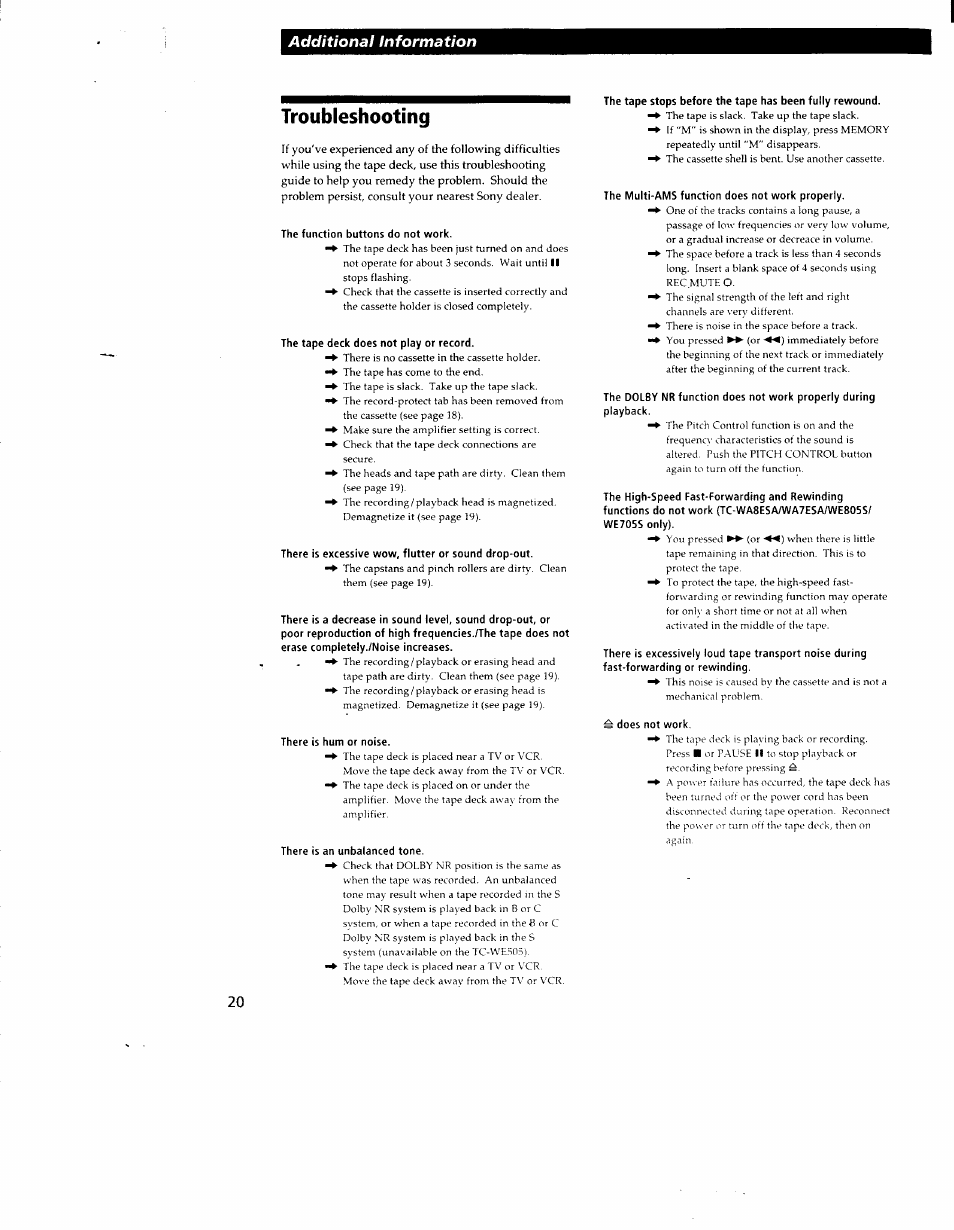 Troubleshooting, Additional information | Sony TC-WR550Z User Manual | Page 20 / 23