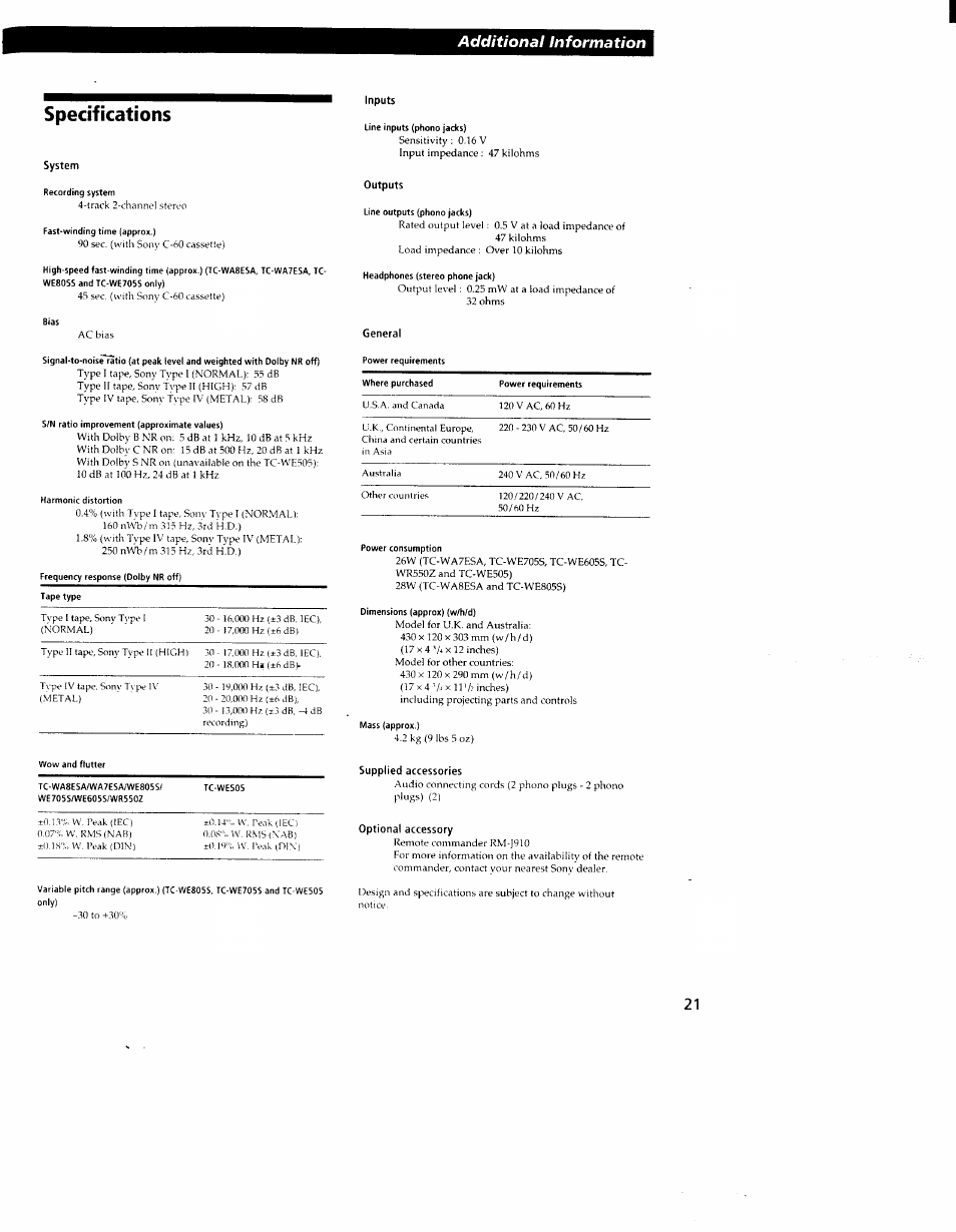 Specifications, System, Inputs | Outputs, General, Supplied accessories, Optional accessory, Additional information | Sony TC-WR550Z User Manual | Page 21 / 23