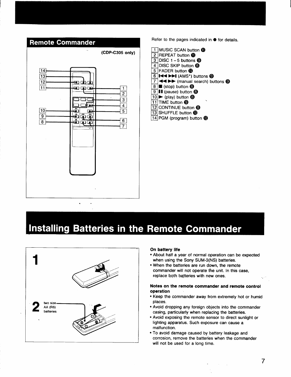 Installing batteries in the remote commander, On battery life, Notes on the remote commander and remote control | Instaiiing batteries in the remote commander, Remote commander | Sony CDP-C201 User Manual | Page 7 / 16