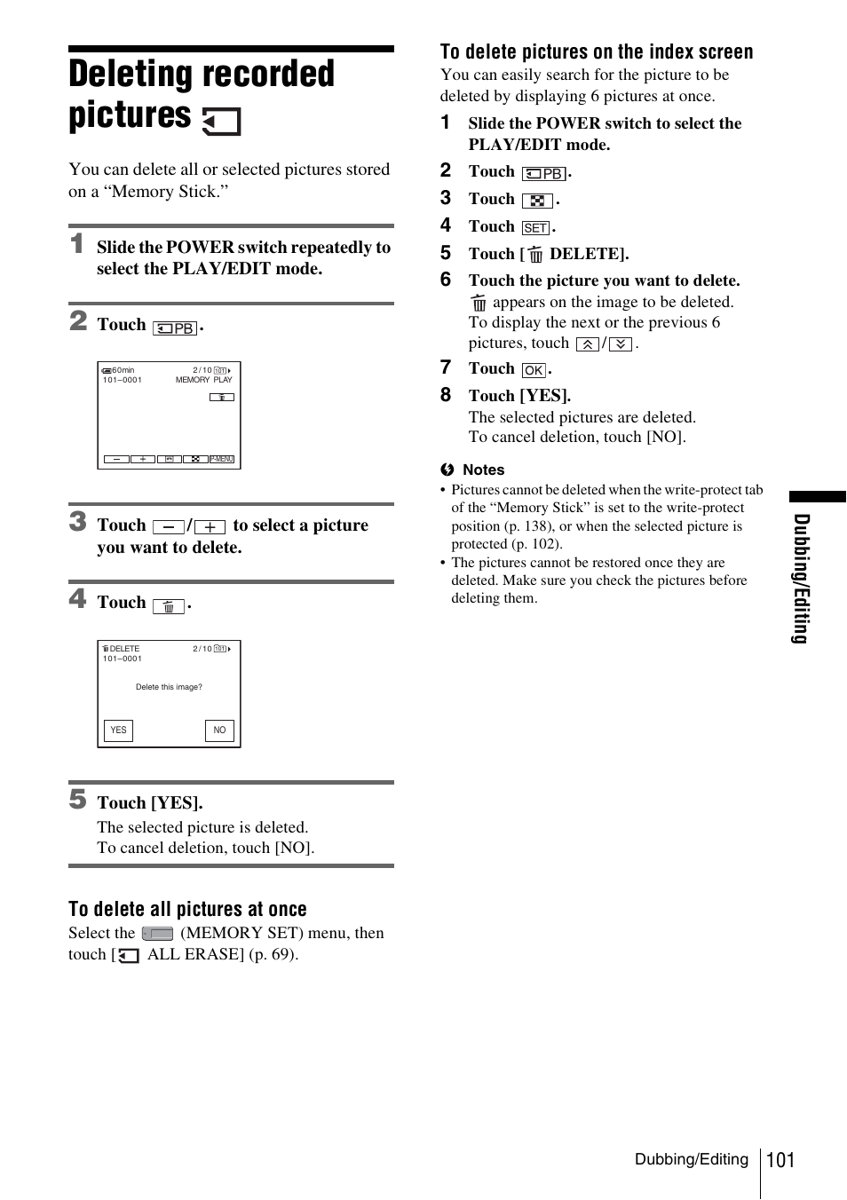 Deleting recorded pictures | Sony DCR-TRV480 User Manual | Page 101 / 156