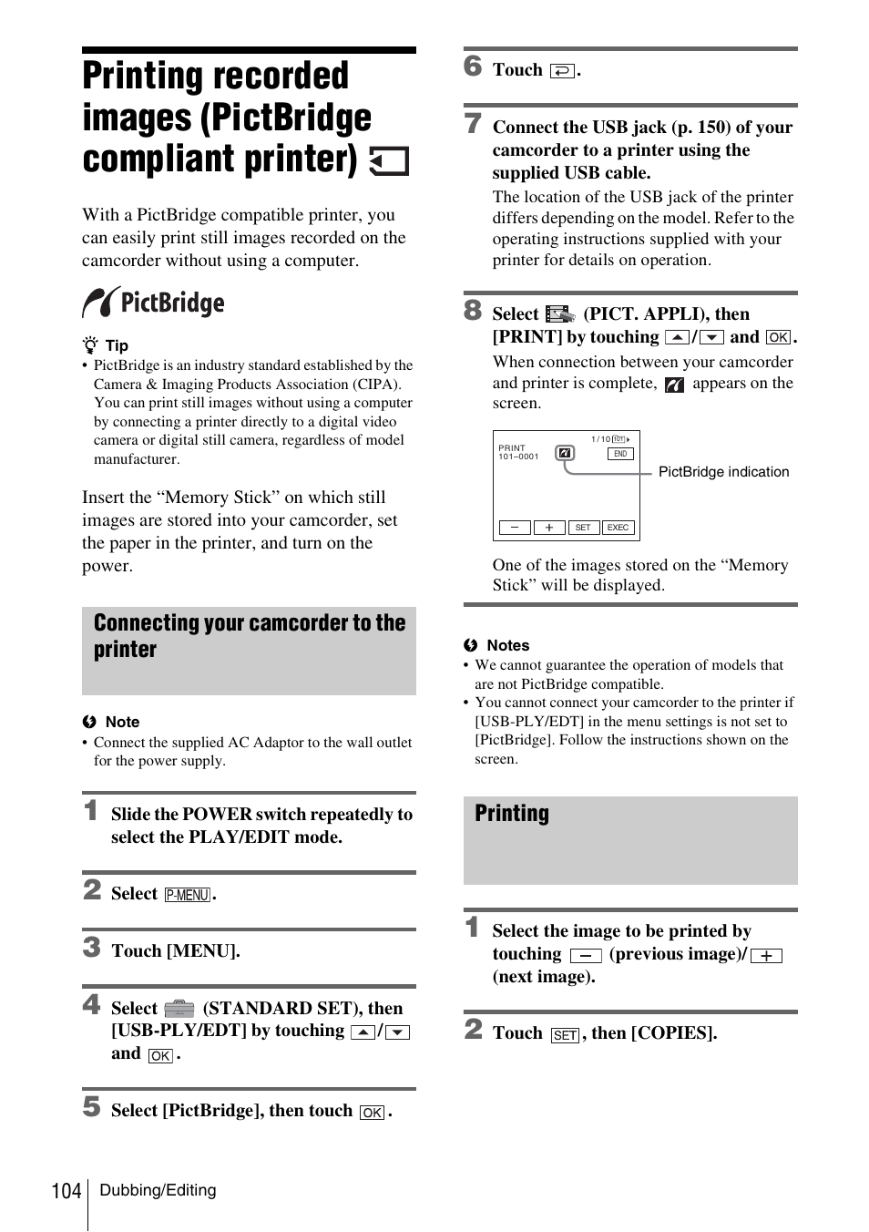 Printing recorded images (pictbridge, Compliant printer), Connecting your camcorder to the printer | Printing | Sony DCR-TRV480 User Manual | Page 104 / 156