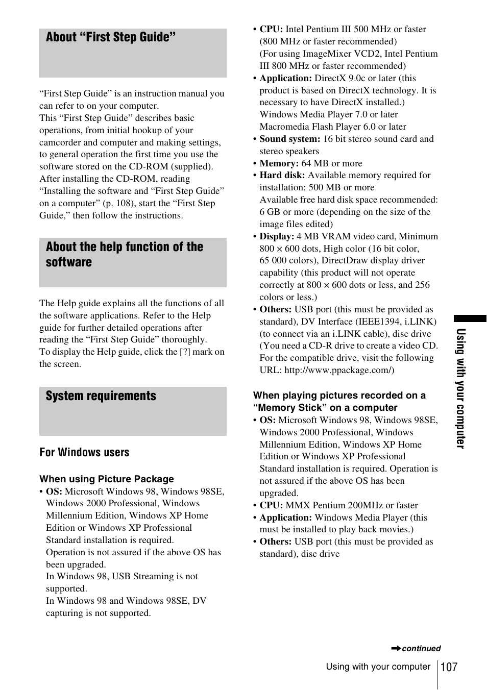 About “first step guide, About the help function of the software, System requirements | Sony DCR-TRV480 User Manual | Page 107 / 156