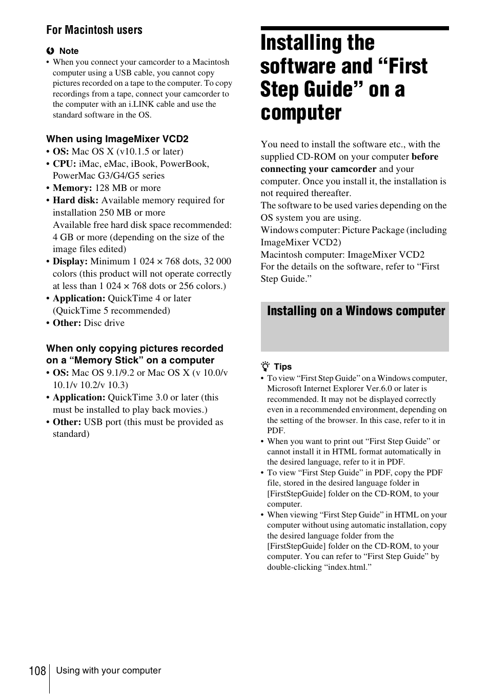 Installing the software and “first step, Guide” on a computer, Installing on a windows computer | Sony DCR-TRV480 User Manual | Page 108 / 156