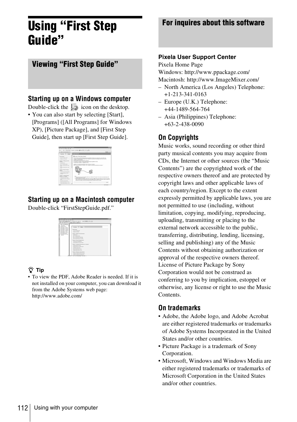 Using “first step guide, Viewing “first step guide, For inquires about this software | Sony DCR-TRV480 User Manual | Page 112 / 156