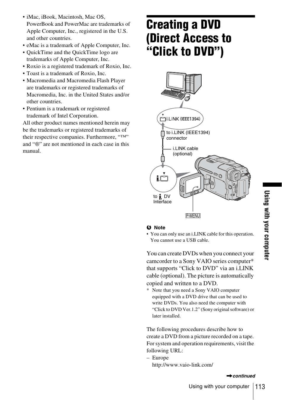 Creating a dvd (direct access to “click to dvd”), Creating a dvd (direct access to, Click to dvd”) | Sony DCR-TRV480 User Manual | Page 113 / 156