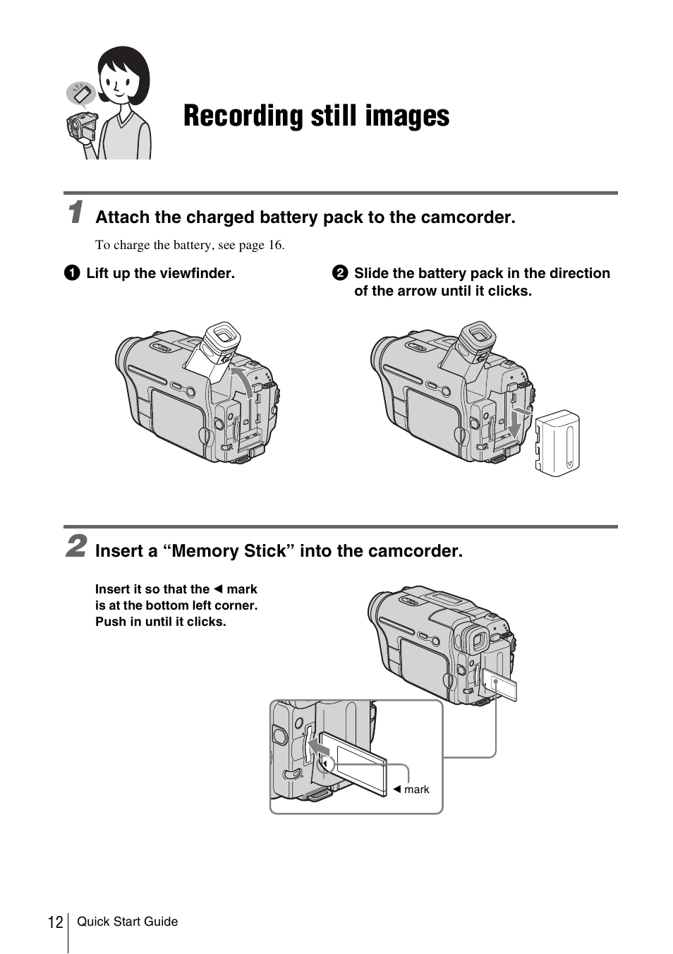 Recording still images | Sony DCR-TRV480 User Manual | Page 12 / 156