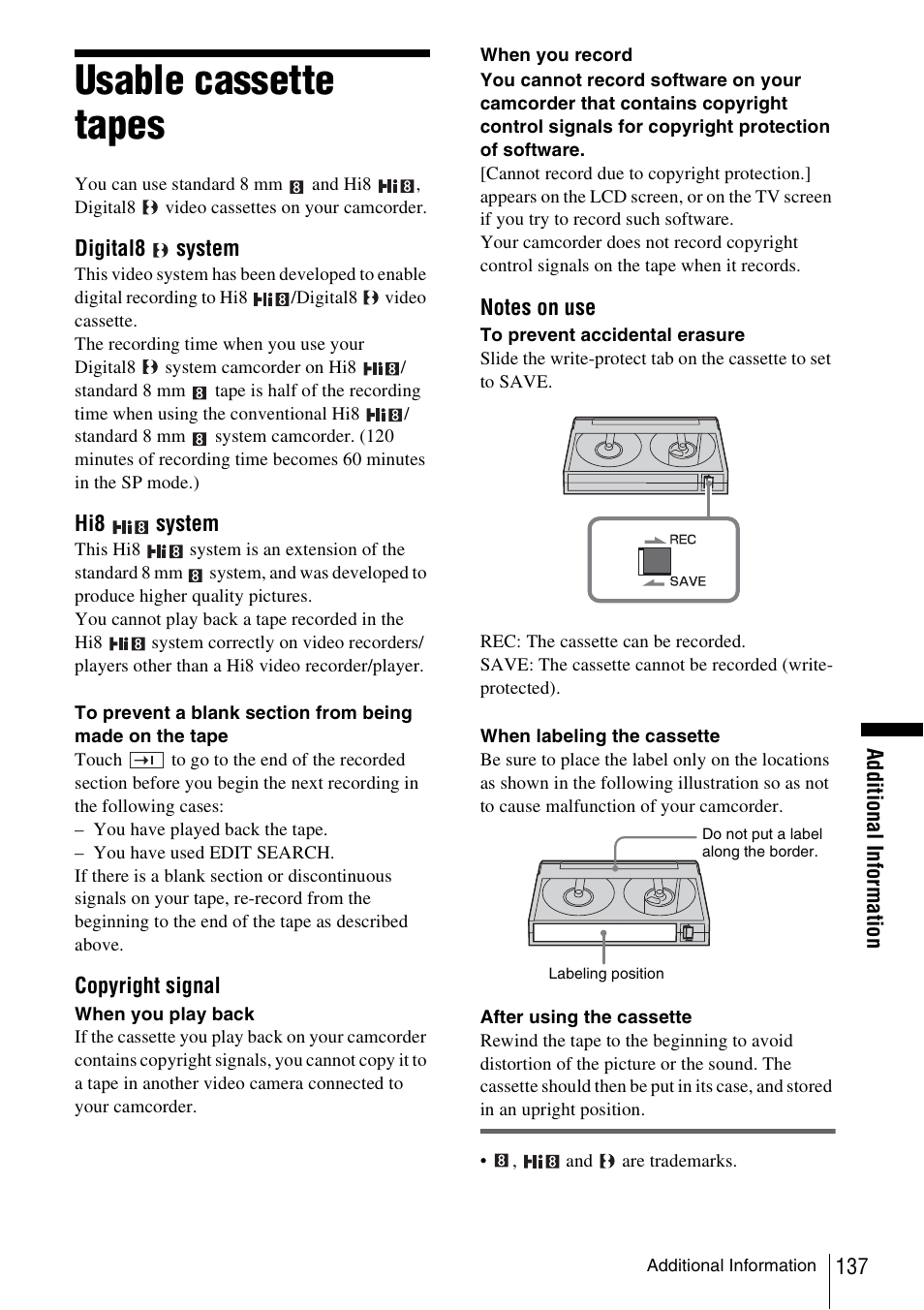 Usable cassette tapes, P. 137) | Sony DCR-TRV480 User Manual | Page 137 / 156