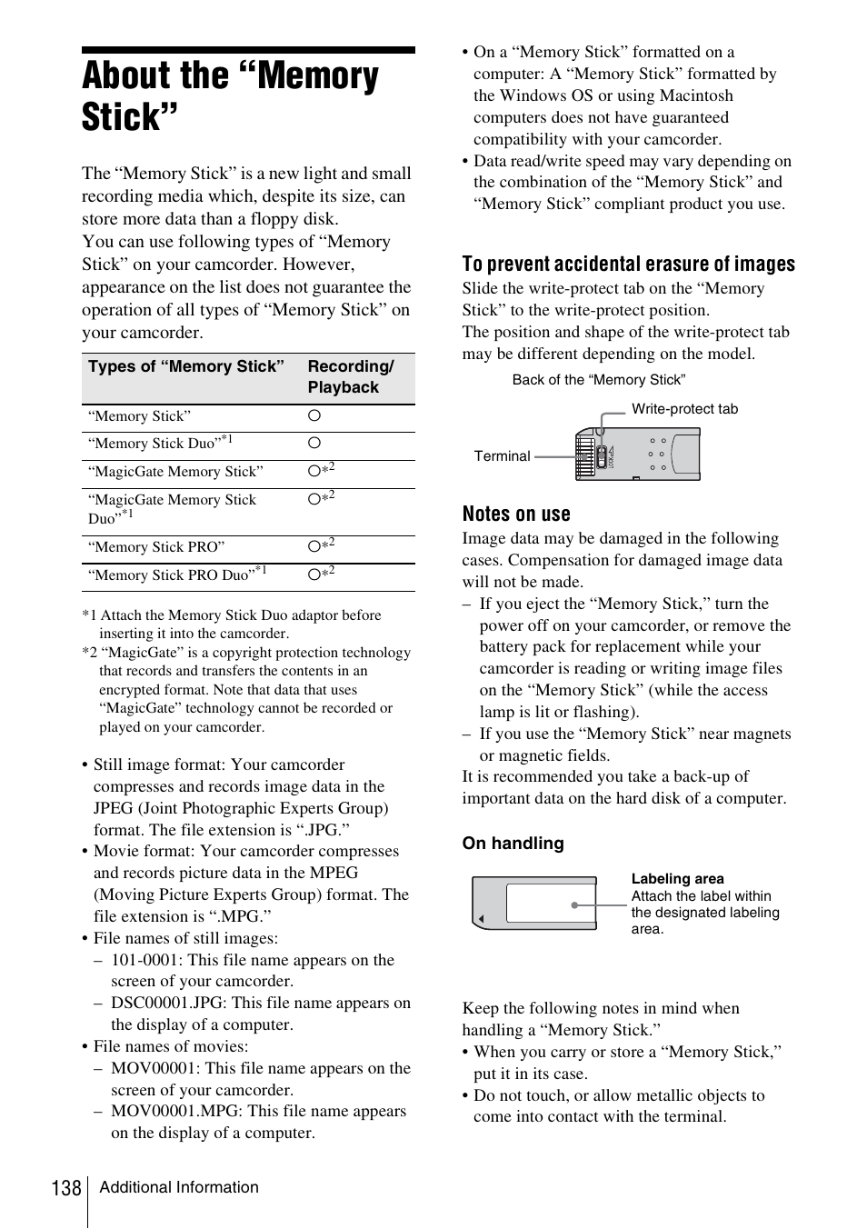 About the “memory stick, P. 138) | Sony DCR-TRV480 User Manual | Page 138 / 156