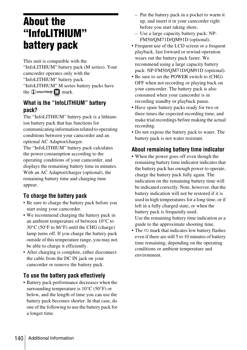 About the “infolithium” battery pack, About the “infolithium, Battery pack | P. 140) | Sony DCR-TRV480 User Manual | Page 140 / 156