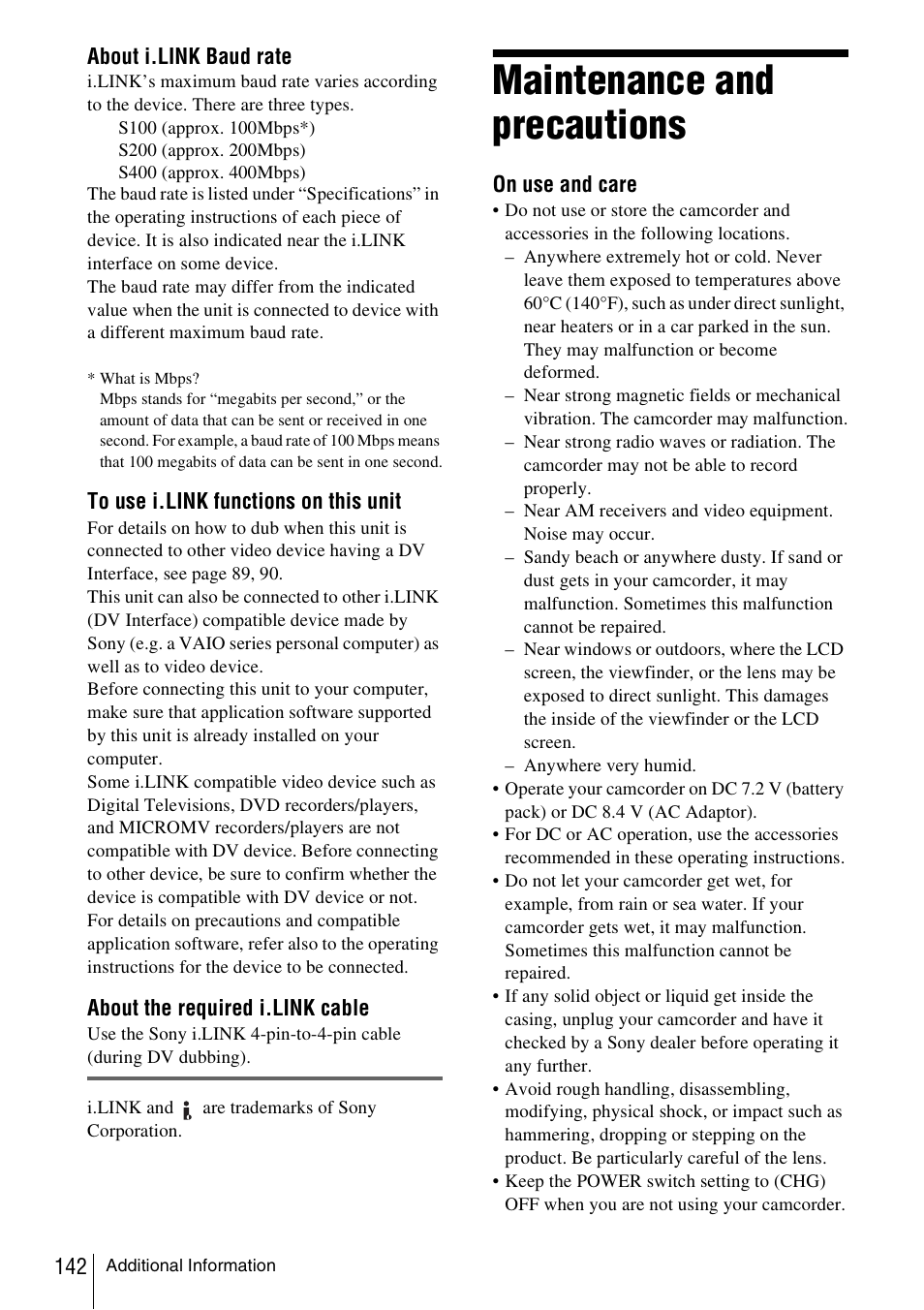 Maintenance and precautions | Sony DCR-TRV480 User Manual | Page 142 / 156