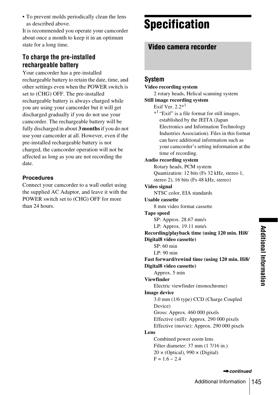 Specification, P. 145), Video camera recorder | Sony DCR-TRV480 User Manual | Page 145 / 156